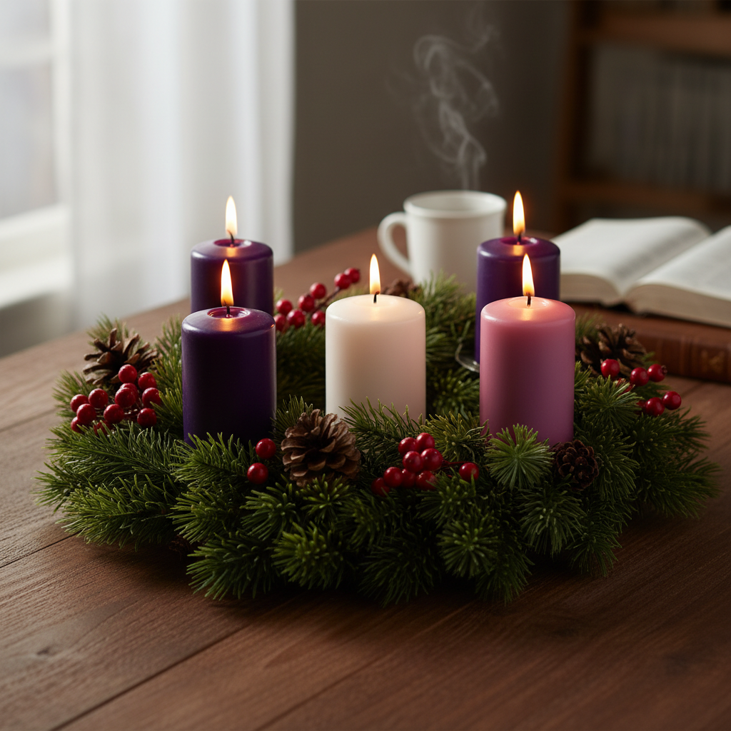 AI Generation Prompt: Photorealistic close-up of a traditional Advent wreath on wooden table in warm home setting. Four candles (three deep purple, one pink rose) arranged in circular evergreen wreath with pine cones, red berries. Three candles lit with glowing flames, fourth unlit. White Christ candle in center unlit. Soft window light from left creates warm atmosphere. Open Bible and coffee mug visible in soft-focus background. Rich evergreen texture, warm candlelight glow on surrounding wood. Cozy peaceful Christmas preparation mood. 8k quality professional photography, shallow depth of field, Christmas home decor aesthetic.