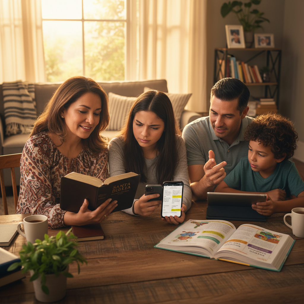 AI Generation Prompt: Create a warm, photorealistic image of a bilingual Latino family doing devotions together showing the language bridge. Mother (40s) reading from a Spanish Bible (Reina-Valera visible on cover), teenage daughter (16) following along on smartphone with Bible app showing split screen Spanish/English, father (40s) with tablet showing English translation, younger son (12) with bilingual children's Bible. Setting is bright, modern kitchen in morning with natural light from window, breakfast dishes on table, everyone in casual morning clothes. Family members engaged, some pointing at text, bridging the language gap naturally. Expressions of concentration, connection, warmth. Show the reality of code-switching families. Photorealistic, bright natural lighting, warm tones, modern American home, authentic bicultural family dynamic, 8k quality professional photography.