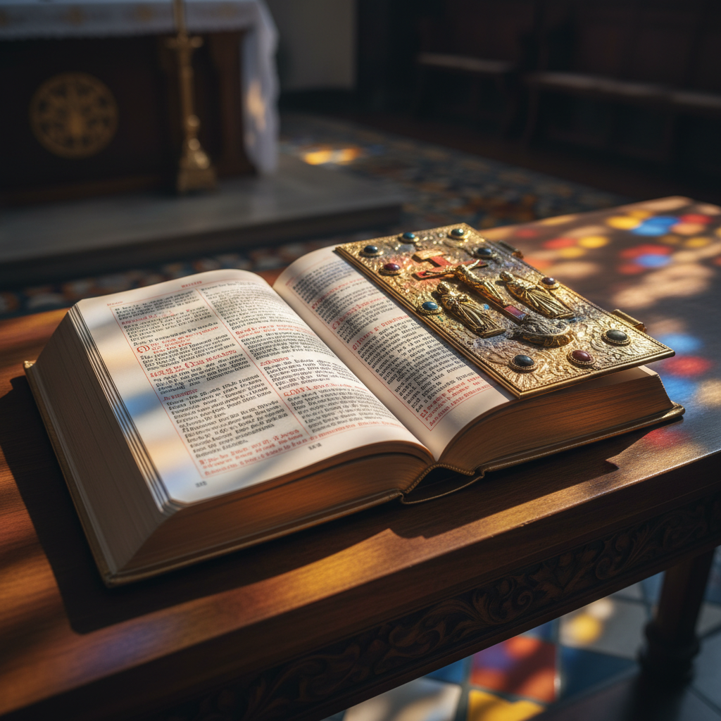 AI Generation Prompt: Photorealistic image of an ornate Catholic lectionary open on a wooden altar with morning sunlight streaming through stained glass windows casting blue and red light across the pages, gold-trimmed edges visible, shallow depth of field with the text in sharp focus, rich liturgical colors, reverent atmosphere, professional photography, 8k quality, warm ambient lighting