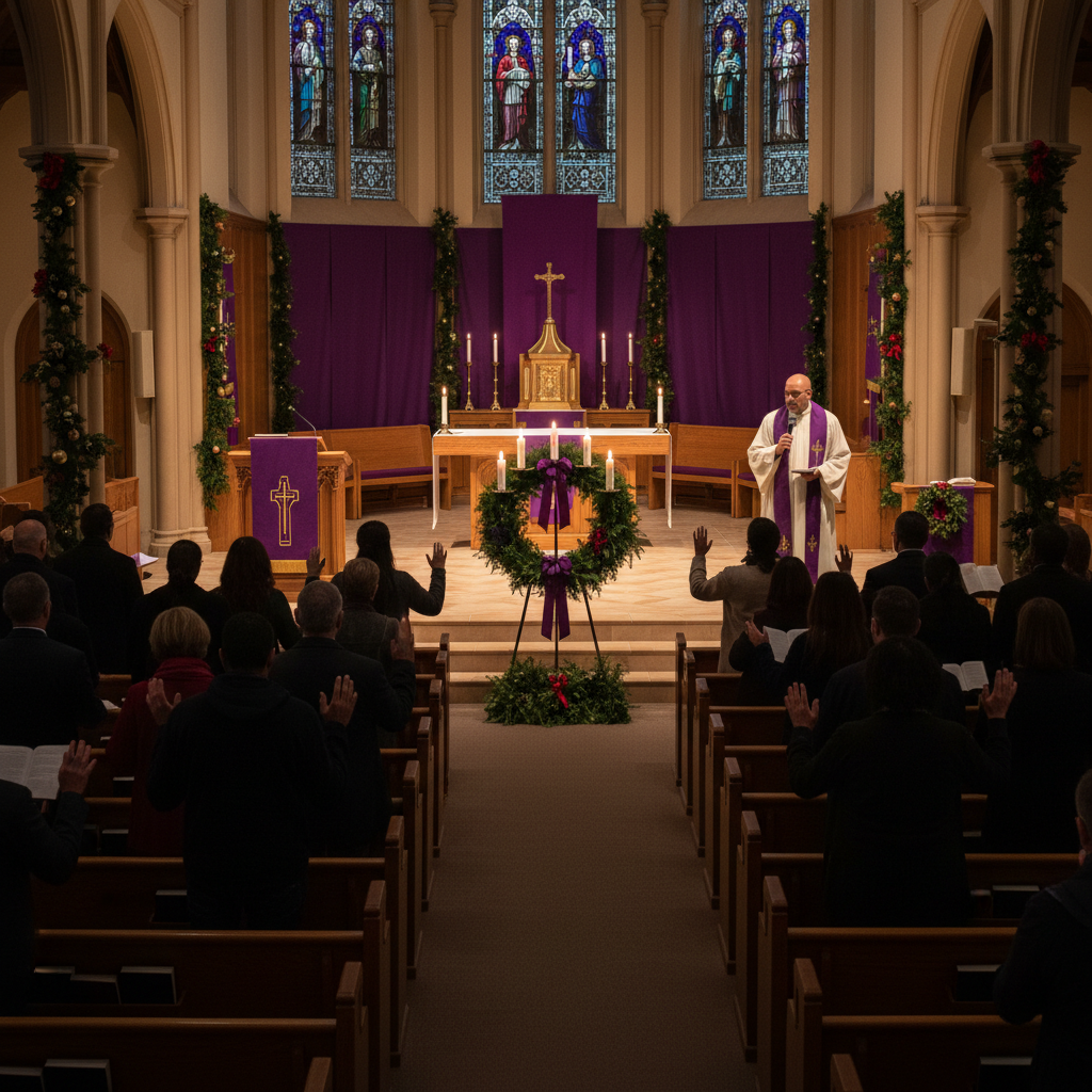 AI Generation Prompt: Atmospheric photorealistic image of church sanctuary during Advent evening service. View from middle pews toward altar/stage area showing large Advent wreath centerpiece with candles lit, purple liturgical draping visible. Congregation of diverse people (various ages and ethnicities) sitting in pews, some standing with hands raised in worship, softly lit by warm candlelight and gentle stage lighting. Christmas greenery decorating sanctuary, stained glass windows visible in background catching evening light. Pastor or worship leader at front near Advent wreath. Reverent, peaceful, communal worship atmosphere. Warm golden lighting with deep shadows creating sacred contemplative mood. 8k quality professional photography, wide angle showing community gathered for Advent observance.