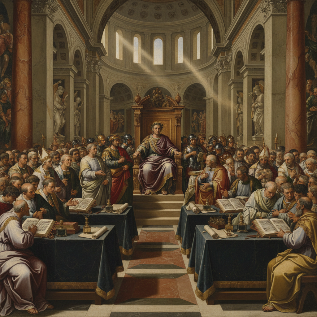 AI Generation Prompt: Cinematic historical painting of the Council of Nicaea in 325 AD, bishops in white robes gathered in a grand Roman basilica with marble columns, scrolls and manuscripts on tables, Constantine observing from throne, dramatic lighting from high windows, Renaissance painting style, rich earth tones and deep blues, sense of gravitas and historical importance, ultra-detailed, museum quality, 8k resolution