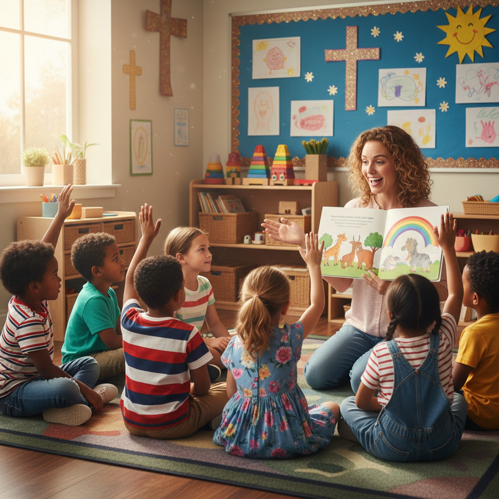 AI Generation Prompt: Warm, inviting photo of diverse group of 6-8 children ages 5-10 (various ethnicities: African American, Hispanic, Asian, Caucasian) sitting in colorful Sunday school classroom with enthusiastic female teacher. Children engaged, some raising hands, teacher holding open children's Bible with colorful illustrations. Bright classroom with Bible story posters on walls, cushions on floor, natural lighting from windows. Kids wearing casual clothes, genuine expressions of interest and joy. Photorealistic, warm educational atmosphere, inclusive and welcoming environment, 8k quality professional photography