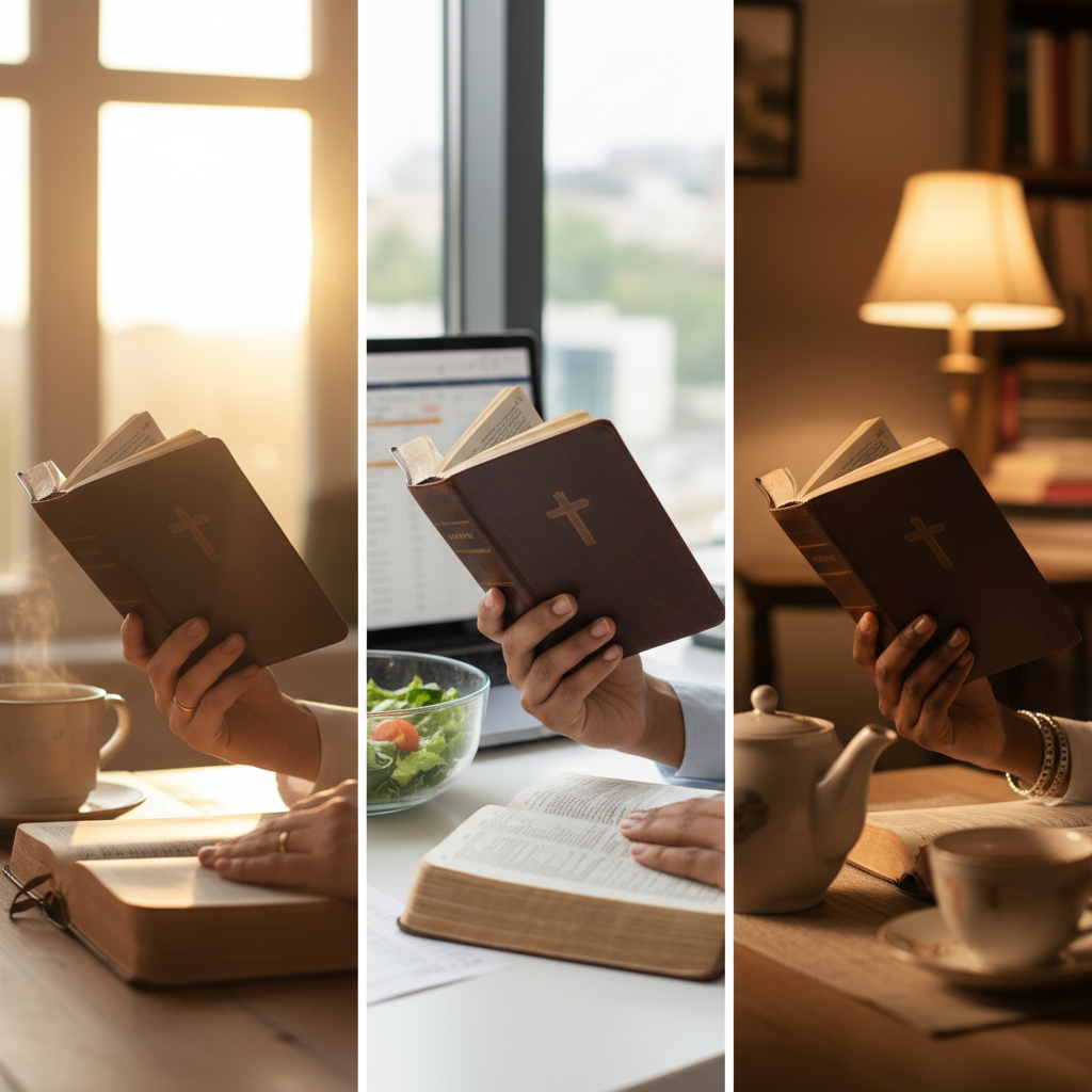 AI Generation Prompt: Split composition showing three scenes of same Bible being read at different times: left third shows early morning with sunrise and coffee, middle third shows lunch break in office setting with salad, right third shows evening with dim lamp and tea. Each scene includes diverse hands (different skin tones) holding the same Bible in different settings. Seamless blend between scenes, photorealistic, demonstrating flexibility of daily Bible study timing, warm natural lighting throughout, 8k quality professional photography.