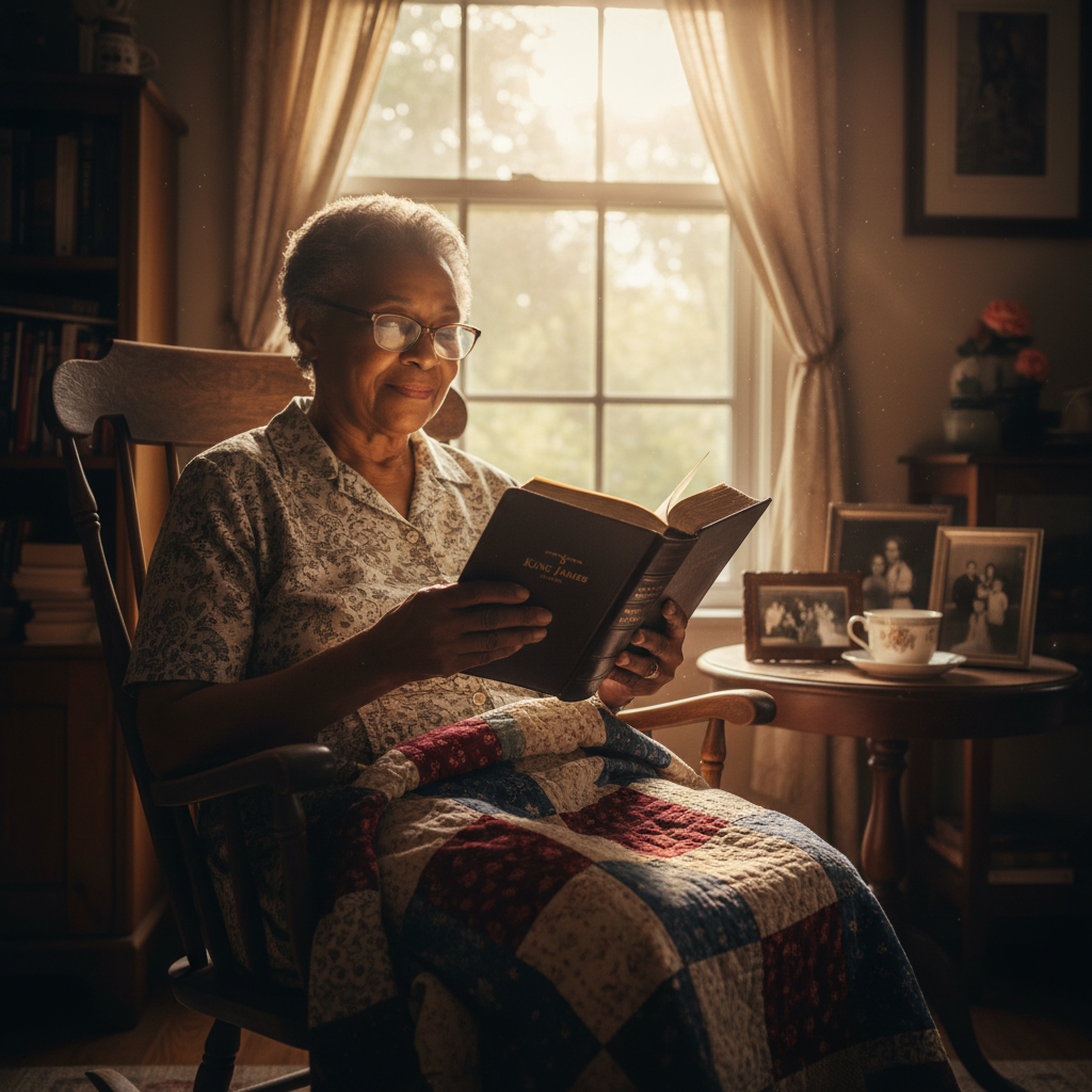 AI Generation Prompt: Touching photorealistic portrait of elderly woman in 70s, African American, sitting in rocking chair by window with afternoon sunlight, reading worn leather-bound King James Bible held lovingly in weathered hands, glasses perched on nose, serene peaceful expression, family photos on nearby table, handmade quilt over lap, warm golden light creating reverent atmosphere, lifetime of faith evident in scene, 8k ultra-high quality photography, authentic documentary style, deep emotional resonance, dignity and wisdom in every detail