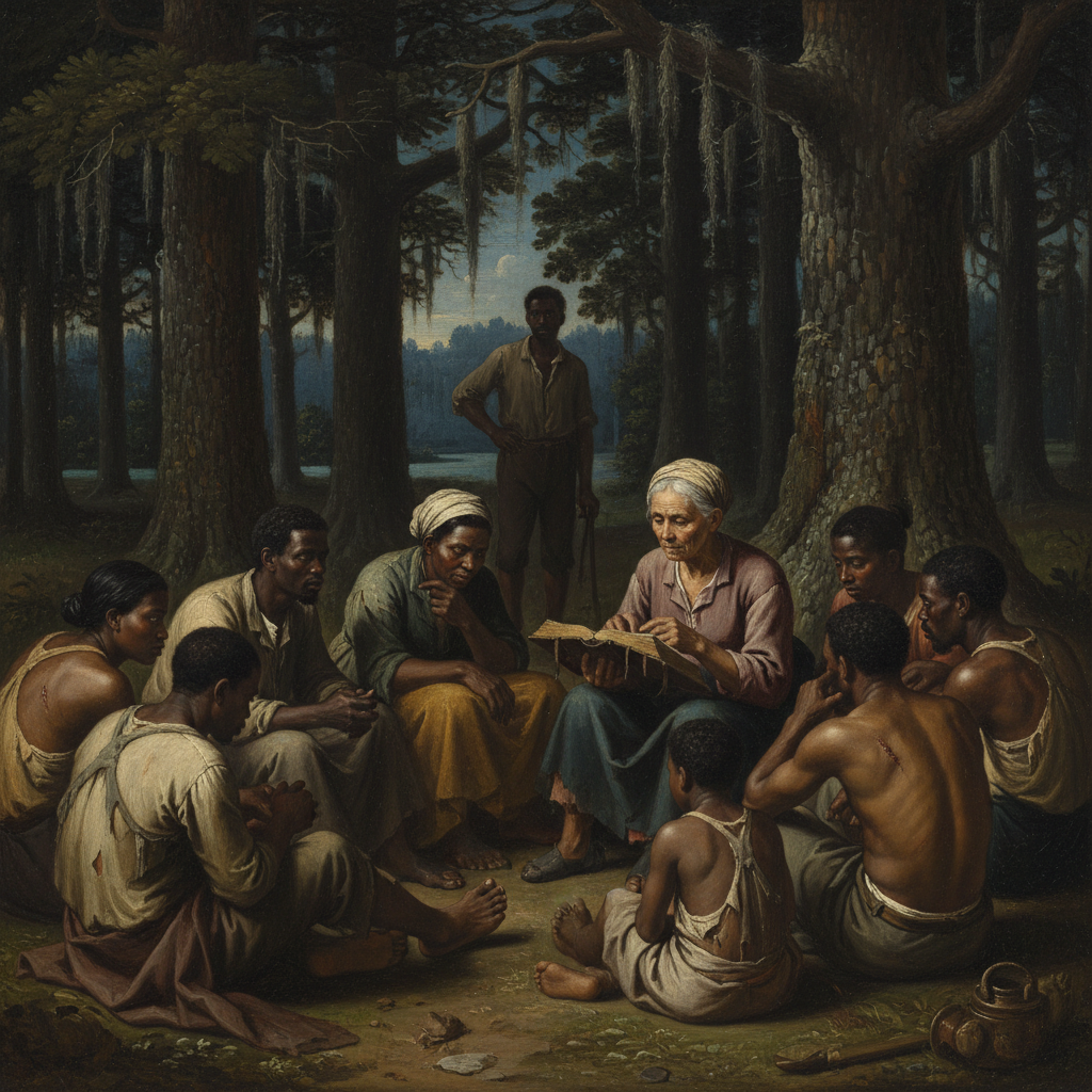 AI Generation Prompt: Powerful historical painting of enslaved African Americans gathered secretly in dark forest at night, circa 1850s, studying Bible by dim moonlight. Group of 8-10 people of various ages sitting in circle, one elderly woman holding worn Bible, faces showing determination and hope despite fear. Dense pine forest background, Spanish moss hanging from trees, subtle moonlight creating dramatic chiaroscuro lighting. One man keeping watch in background. Worn clothing, bare feet, some with scarred backs visible. Emotional intensity, reverence, and quiet defiance. Renaissance painting style with rich earth tones, deep shadows, museum quality historical accuracy, 8k resolution ultra-detailed.