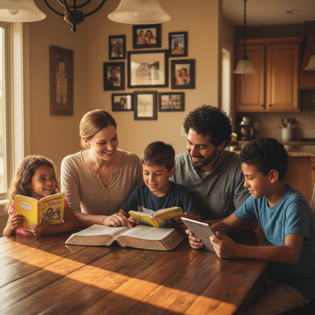 AI Generation Prompt: Cozy, warm photo of multi-ethnic family (Caucasian mother, Hispanic father, three children ages 5-11) sitting together around wooden dining table during evening devotional time. Soft overhead lighting, open Bible on table, each child with their own age-appropriate Bible or tablet. Parents engaged with children, one child pointing at something in Bible, another child smiling. Comfortable home setting with kitchen visible in background, family photos on wall. Golden hour lighting from window, sense of peace and togetherness. Photorealistic, authentic family spiritual moment, 8k quality professional family photography