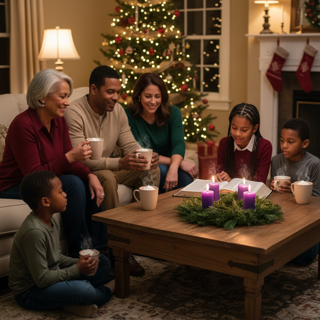 AI Generation Prompt: Heartwarming photorealistic scene of diverse extended family gathered in living room for Advent devotions. Three generations present: grandparents in 70s, parents in 40s, children ages 6-14. African American and Latino family members. Family seated on couch and floor around coffee table with Advent wreath (three candles lit), open Bibles, hot chocolate mugs. Children engaged, one reading aloud from Bible. Warm Christmas tree lights in background, stockings on fireplace, cozy evening lighting. Expressions of connection, engagement, multi-generational faith passing down. Rich warm tones, golden ambient lighting, intimate family worship moment. 8k quality professional photography, documentary style capturing genuine family interaction.