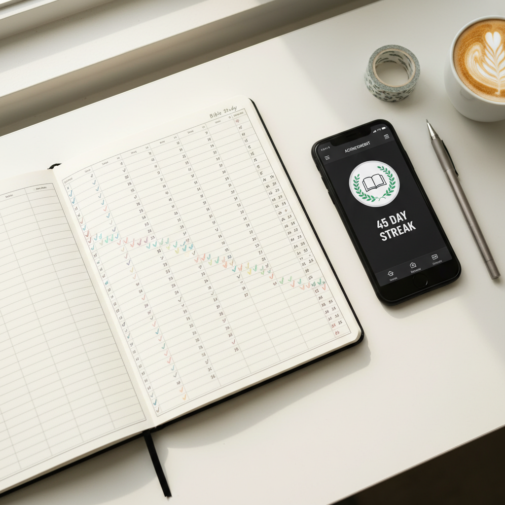 AI Generation Prompt: Close-up overhead shot of minimalist bullet journal spread showing daily habit tracker with Bible study row marked by consecutive colored check marks for 45+ days forming visual chain, beside it a smartphone displaying Bible app with prominent streak counter showing 45-day achievement badge. Clean modern desk with mechanical pencil, washi tape, and small coffee cup. Natural window lighting from left side, sharp focus on tracker, warm encouraging aesthetic, professional flat lay photography, 8k resolution.