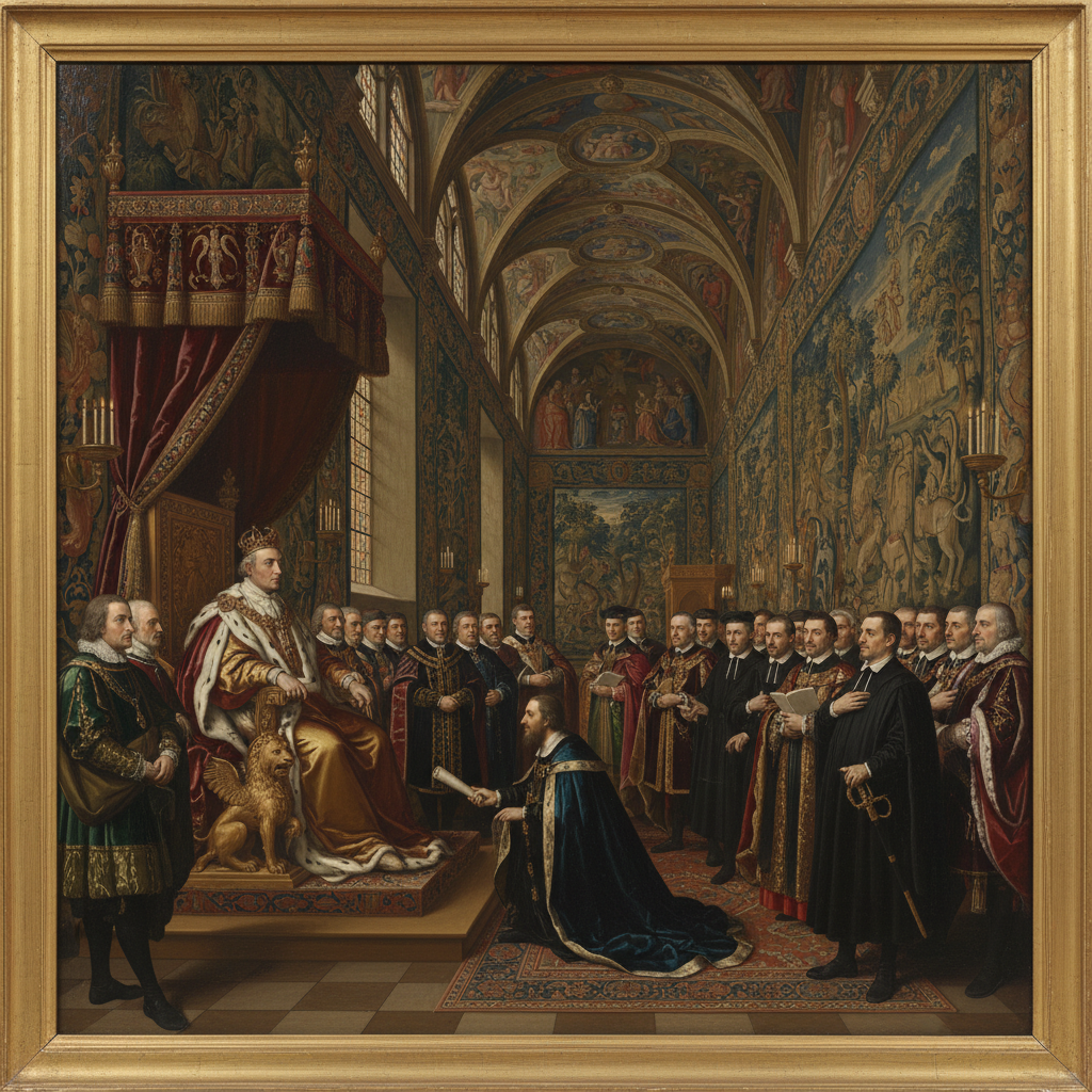 AI Generation Prompt: Historical artistic painting of Hampton Court Conference 1604, King James I seated on ornate throne in grand palace hall with high ceilings and tapestries, John Reynolds and assembled bishops in period clothing presenting petition, candlelight and natural light from tall windows, serious scholarly atmosphere, rich jewel tones of burgundy and gold, detailed Renaissance painting style, museum quality, sense of momentous decision being made, 8k resolution ultra-detailed