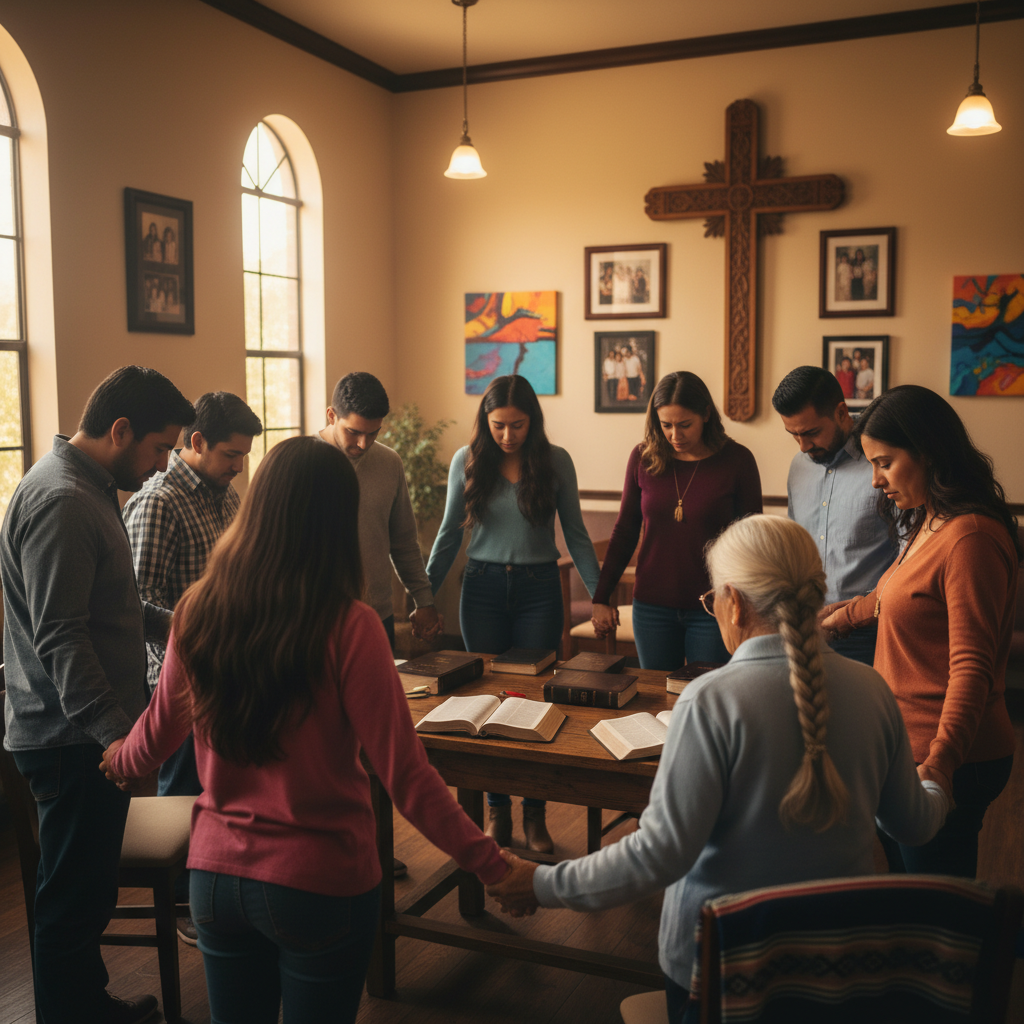 AI Generation Prompt: Create a powerful, photorealistic image of a multigenerational Hispanic Bible study group in a prayer circle with hands joined. Show 8-10 people ranging from a teenage girl (15) to an elderly grandmother (80s), representing diverse Latino backgrounds (Mexican, Puerto Rican, Central American, South American). Everyone standing in a circle holding hands, heads bowed in prayer. Center of circle shows Spanish Bibles on a table, some open. Setting is a church fellowship hall or community room with warm lighting from overhead lights and windows. Expressions deeply reverent, some with eyes closed, some with tears, sense of spiritual unity and power. Include cultural elements - cross on wall, Latino family photos or art. Photorealistic, warm golden lighting, sense of sacred community, emotional depth, genuine faith, cultural authenticity, 8k quality professional photography.