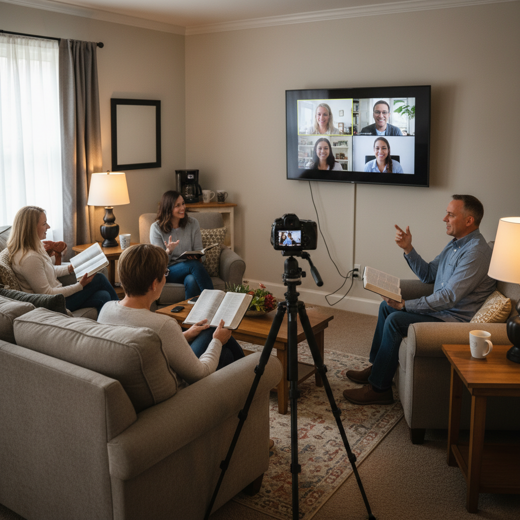 AI Generation Prompt: Photorealistic image of a hybrid Bible study setup showing both in-person and online participants. Medium-sized room with 4-5 people sitting in casual circle on couches and chairs, plus large TV screen mounted on wall displaying 4 online participants via video conference. Room has warm, inviting church small group room aesthetic - comfortable furniture, soft lighting, coffee station visible in corner. People in room holding Bibles, some looking at screen, natural interaction between physical and digital participants. Large camera/webcam on tripod facing the in-person group so online members can see them. Natural mixed lighting from lamps and screen glow. Feeling of seamless integration between physical and digital community. 8k quality professional photography, balanced composition showing both environments, warm and welcoming atmosphere.