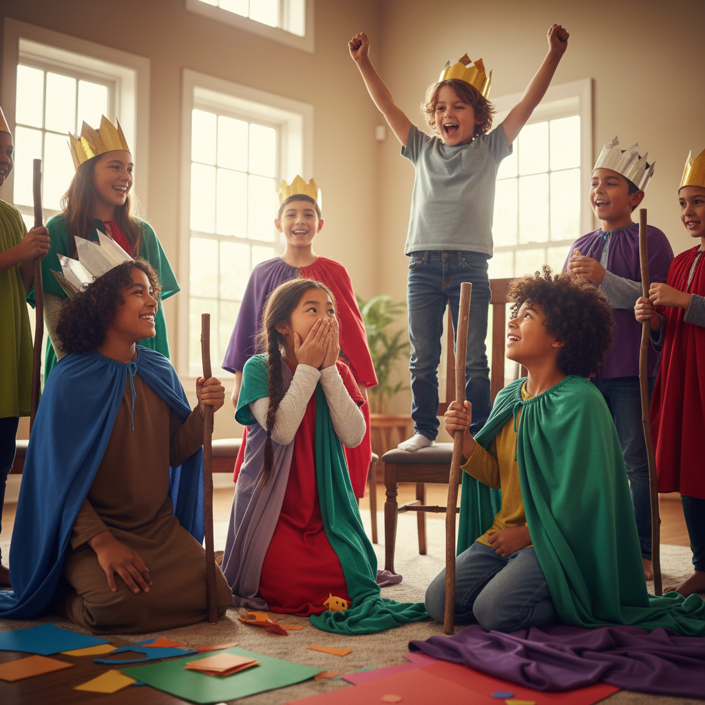 AI Generation Prompt: Joyful, energetic photo of group of children ages 7-10 (diverse group including Hispanic, Asian, Caucasian children) acting out Bible story with simple costume pieces - paper crowns, colored robes, toy staffs. Indoor church or home setting with open space. Children in animated poses, some laughing, fully engaged in dramatic play. One child with arms raised triumphantly, another pretending to be amazed. Warm lighting, colorful props scattered around, sense of creative play and imagination. Photorealistic, capturing authentic childhood joy in learning through drama, 8k quality professional photography