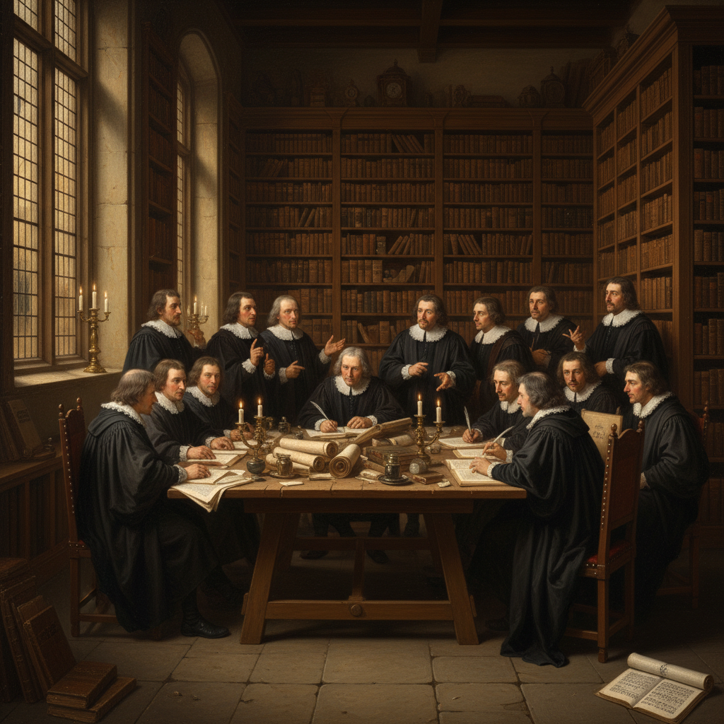 AI Generation Prompt: Historical painting of King James Bible translators in 1600s university library, multiple robed scholars gathered around large wooden table covered with Hebrew and Greek manuscripts, some in intense discussion pointing at texts, others writing with quill pens, floor-to-ceiling bookshelves with ancient volumes, warm candlelight mixed with daylight streaming through leaded glass windows, atmosphere of scholarly dedication and reverence, oil painting style with rich earth tones and deep shadows, ultra-detailed period accuracy, 8k museum quality