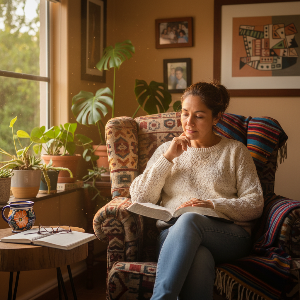 AI Generation Prompt: Create a peaceful, photorealistic image of a Latina woman in her 40s having morning quiet time with her Spanish Bible. She sits in a comfortable reading chair by a large window with soft morning sunlight streaming in, reading from an open Reina-Valera 1960 Bible. On a small side table: coffee in a colorful Mexican ceramic mug, open journal with handwritten Spanish notes, reading glasses. Woman has peaceful, contemplative expression, dressed in comfortable morning clothes (sweater and jeans). Background shows indoor plants, family photos on wall, warm home interior with Latino cultural touches (woven blanket on chair, Latin American art). Mood is serene, intimate, sacred. Photorealistic, warm natural lighting, golden hour glow, authentic Latino home setting, sense of personal devotion and peace, 8k quality professional photography.