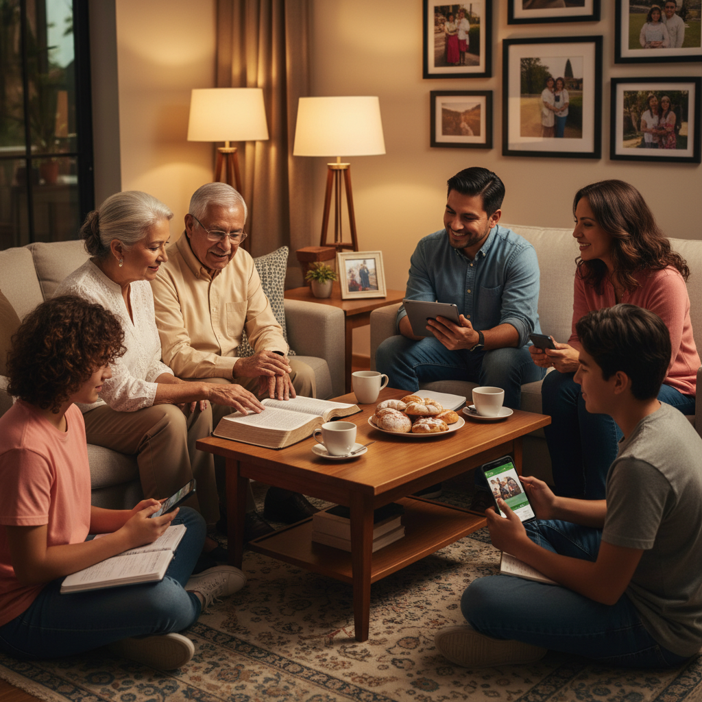 AI Generation Prompt: Create a warm, photorealistic image of a Latino multigenerational family studying the Bible together in a modern living room. Show grandmother (70s) and grandfather sitting on couch with an open Reina-Valera 1960 Bible, mother (40s) and father (40s) sitting in chairs with tablets showing Bible app in Spanish, and two teenagers (14 and 16) on the floor with smartphones and notebooks. Include warm evening lighting from lamps, family photos on walls with Mexican or Central American cultural elements, coffee cups and pan dulce on the coffee table. Everyone engaged and leaning in, discussing a passage. Expressions of warmth, respect, and genuine connection. Photorealistic, warm color tones (oranges, golds, browns), authentic multicultural family feel, modern home setting, 8k quality professional photography.