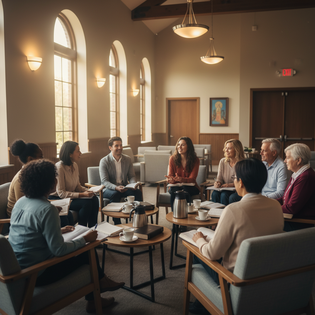 AI Generation Prompt: Photorealistic image of diverse modern Catholic Bible study group in parish hall, people of different ages and ethnicities sitting in circle with open Bibles and notebooks, natural warm lighting from large windows, mix of young adults and older members engaged in discussion, coffee cups on table, welcoming and authentic atmosphere, contemporary church setting, professional photography, 8k quality