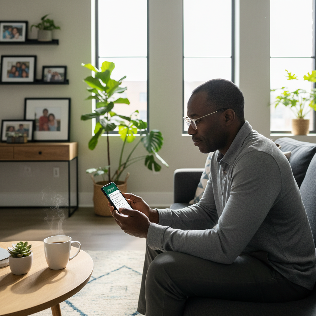 AI Generation Prompt: Photorealistic modern scene, African American man in 40s sitting in contemporary living room reading King James Bible on smartphone, Bible Way app clearly visible on screen showing KJV text with archaic word definitions feature highlighted, man wearing glasses with focused peaceful expression, morning coffee on side table, natural sunlight through modern windows, cozy contemporary home interior with plants and family photos in background, warm inviting atmosphere, bridge between tradition and technology, 8k professional photography quality, authentic real life moment