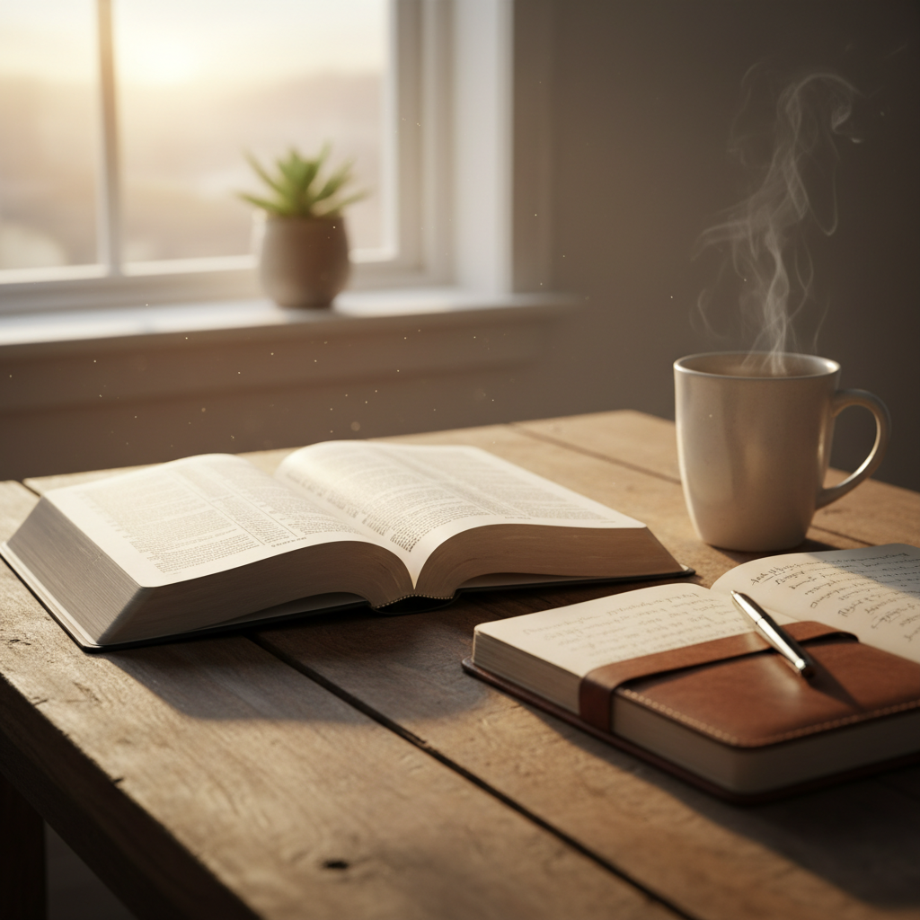 AI Generation Prompt: Peaceful early morning scene showing open Bible on rustic wooden kitchen table next to steaming ceramic coffee mug, soft golden sunrise light streaming through window creating warm glow on pages. Journal with handwritten notes and pen beside Bible. Cozy, inviting atmosphere with small succulent plant in background. Photorealistic style, warm color palette with amber and cream tones, shallow depth of field focused on Bible text, professional photography, 8k quality, inspirational quiet time aesthetic.