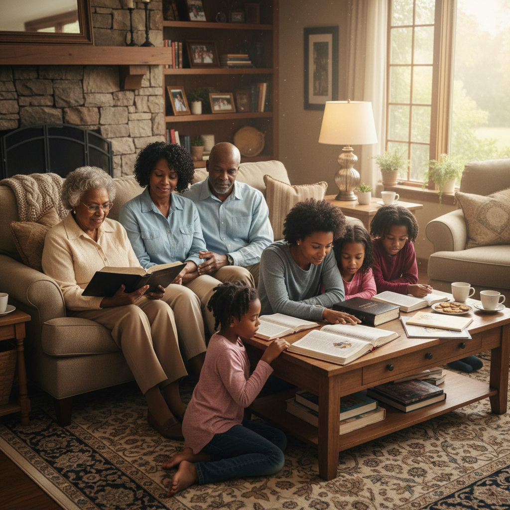 AI Generation Prompt: Heartwarming photo of multigenerational women's Bible study group in living room setting. Mix of ages from 20s to 70s, diverse ethnicities, sitting in circle with Bibles and some using tablets/phones. Older woman mentoring younger women visible, genuine smiles, warm community feel. Natural lighting, comfortable home setting, authentic connection across generations, 8k quality, photorealistic, Titus 2 mentorship visual representation