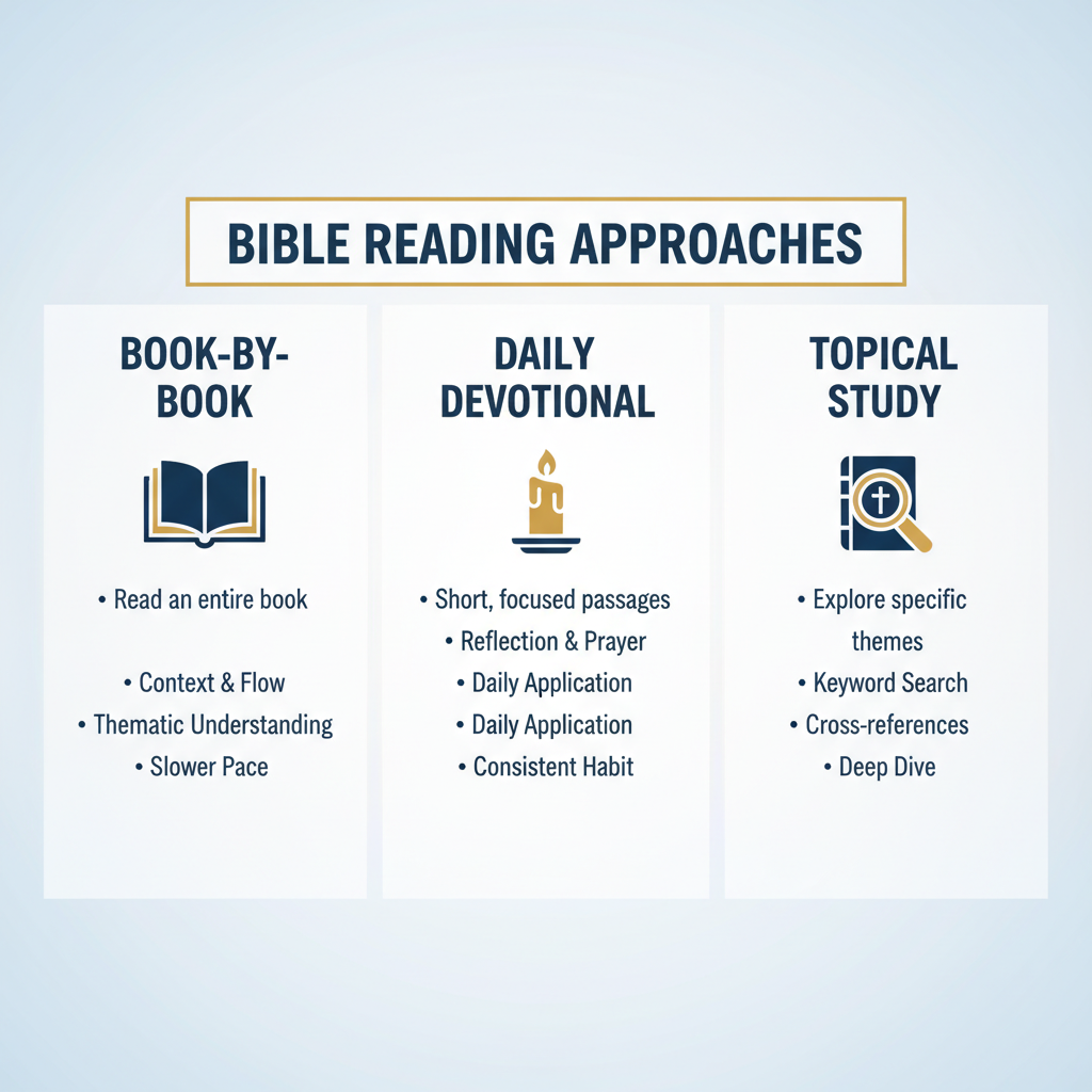 AI Generation Prompt: Professional infographic showing three different Bible reading approaches side by side. Three columns labeled 'Canonical Order', 'Chronological Order', and 'Thematic Reading', each with visual representation - canonical shows Bible books in traditional order, chronological shows timeline with events arranged historically, thematic shows topic clusters. Clean modern design, educational style, green color scheme, clear typography, easy to understand comparison chart, 8k quality graphic design