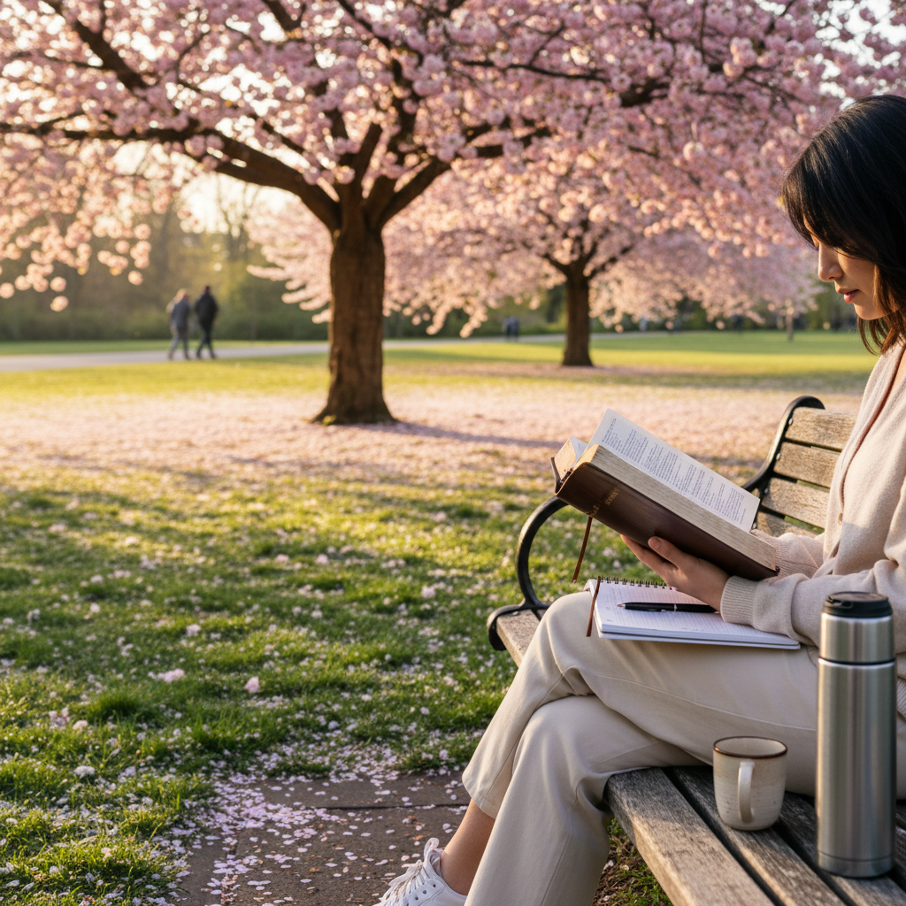 AI Generation Prompt: Peaceful outdoor scene of person reading Bible in spring setting. Cherry blossom tree in background with pink petals, person sitting on park bench with open Bible and journal, morning sunlight filtering through branches, coffee thermos beside them, gentle breeze suggested by movement of pages. Photorealistic, serene springtime atmosphere, sense of fresh starts and renewal, 8k quality professional photography