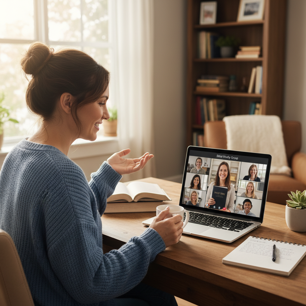 AI Generation Prompt: Photorealistic image of a woman in her 30s sitting at a home desk with laptop open showing a video conference Bible study. She's engaged and smiling, holding an open Bible in one hand while gesturing toward the screen. Warm desk lamp lighting, cozy home office setting with bookshelf in background containing Christian books. Coffee mug and journal visible on desk. Natural afternoon lighting from window. The laptop screen shows a grid of diverse faces in a video call. Warm, inviting atmosphere conveying focused spiritual engagement. Shot from side angle. 8k quality professional photography, shallow depth of field, canon lens aesthetic.