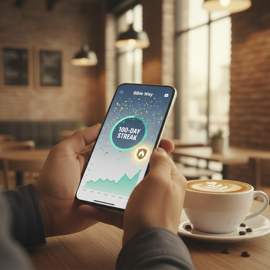 AI Generation Prompt: Close-up shot of hands holding smartphone displaying Bible Way app with celebration animation for 100-day streak milestone, confetti effect on screen, progress chart showing upward trend over months, achievement badge glowing. Background shows cozy coffee shop setting slightly out of focus with warm ambient lighting. Hispanic male hands, wedding ring visible, coffee cup on table beside phone. Photorealistic, inspirational achievement moment, warm color grading, 8k quality professional photography, shallow depth of field.