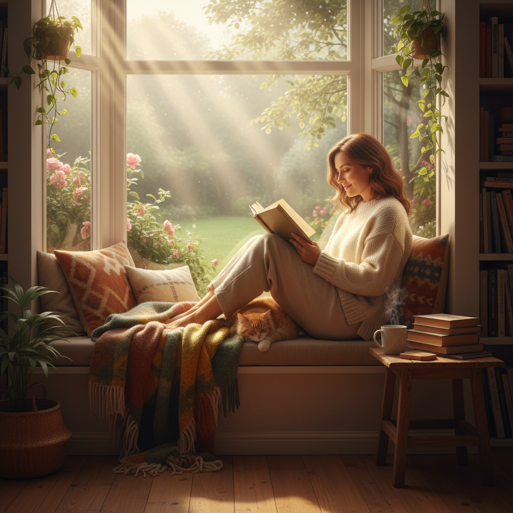 AI Generation Prompt: Peaceful photorealistic image of woman in early 40s sitting in cozy reading nook by large window with morning sunlight streaming in. She's reading Bible with journal and steaming coffee on wooden side table. Advent wreath with two lit candles visible on nearby shelf. Warm blanket over her legs, comfortable armchair, plants on windowsill. Serene, focused expression, peaceful morning light. Background softly blurred showing hints of Christmas decorations. Natural warm lighting creating contemplative atmosphere. Woman of Asian descent, casual comfortable clothing. Quiet time devotional mood, sacred solitude. 8k quality professional photography, intimate personal worship moment.