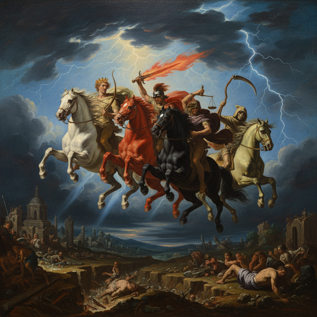 AI Generation Prompt: Epic dramatic painting of the Four Horsemen of the Apocalypse riding across turbulent sky, first horseman on white horse holding bow, second on red horse with raised sword, third on black horse carrying scales, fourth on pale greenish horse representing death, horses in dynamic galloping poses, storm clouds and lightning in background, ground below showing troubled earth, cinematic composition with horsemen arranged diagonally across canvas, Baroque painting style with Gustave Doré influences, dramatic chiaroscuro lighting, powerful sense of divine judgment and inevitability, rich contrasts of light and shadow, ultra-detailed, museum quality, 8k resolution