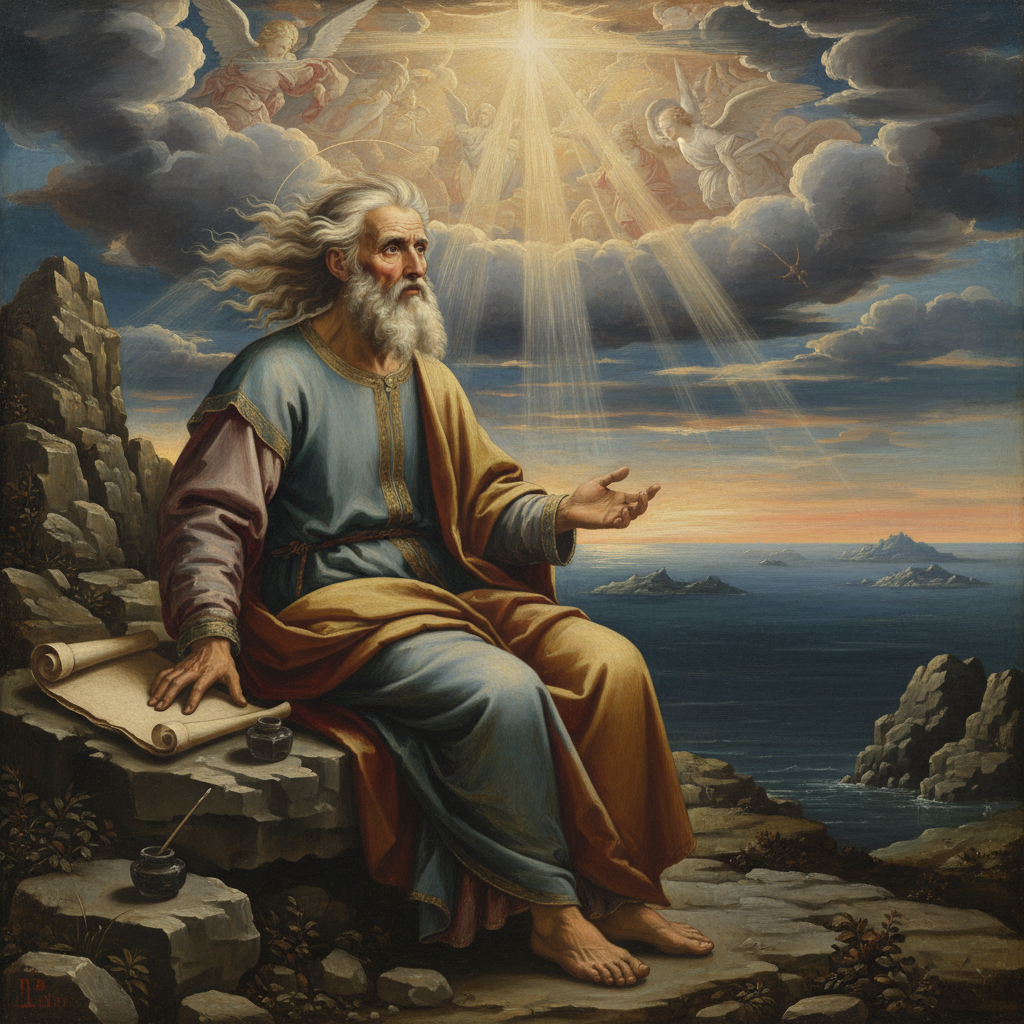 AI Generation Prompt: Cinematic historical painting of elderly Apostle John on rocky island of Patmos in 95 AD, windswept white hair and beard, weathered robes, sitting on stone outcrop overlooking Aegean Sea, scroll and writing materials beside him, divine light breaking through clouds above, expression of awe and wonder as he receives heavenly vision, dramatic lighting from sunset, Renaissance painting style with rich blues and golds, sense of divine revelation and isolation, ultra-detailed brushwork, museum quality, 8k resolution