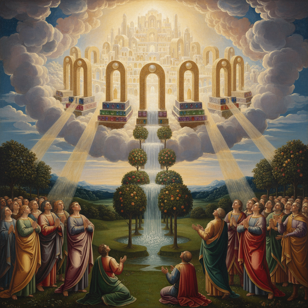AI Generation Prompt: Majestic visionary painting of the New Jerusalem descending from heaven, magnificent radiant city of gold and crystal floating down through clouds, twelve gates made of pearls glowing with inner light, foundations decorated with precious stones in brilliant colors, no temple visible but entire city illuminated by divine glory not sun, river of life flowing through center of city, tree of life on both banks bearing twelve kinds of fruit, sense of paradise restored and perfection achieved, composition with city descending toward earth below, heavenly light rays breaking through clouds, people on earth looking up in awe, Renaissance meets transcendent spiritual art, rich jewel tones of sapphires, emeralds, jasper, gold, ineffable beauty and peace, ultra-detailed, museum quality, 8k resolution