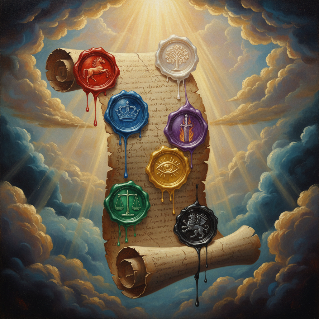 AI Generation Prompt: Mystical artistic painting of ancient scroll with seven glowing wax seals, each seal marked with different symbolic emblem (horse, crown, scales, sword, etc), scroll floating in ethereal space surrounded by soft divine light rays breaking through darkness, heavenly atmosphere with subtle gold and white wisps, seals appearing to pulse with supernatural energy, symbolic and reverent composition, Renaissance meets fantasy art style, rich jewel tones of deep reds, golds, and celestial blues, sense of mystery and divine revelation, ultra-detailed, museum quality, 8k resolution