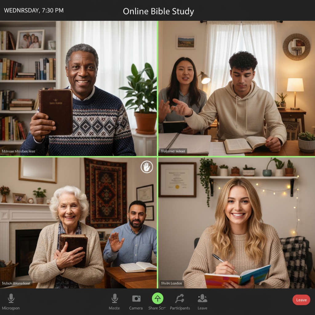 AI Generation Prompt: Create a screen capture view of a Zoom-style video conference showing 6 diverse participants in an online Bible study. Grid layout with 2 rows of 3 people each. Show variety: African American man in his 50s, Asian woman in her 30s, Hispanic young man in 20s, elderly Caucasian woman, Middle Eastern man in 40s, and young Caucasian woman. Each person in their home setting with warm lighting. Some holding Bibles, others with notebooks. Expressions engaged and joyful, showing active conversation. One person mid-gesture as if speaking. Bookshelves, plants, family photos visible in backgrounds. Screen interface showing video call aesthetic with subtle UI elements. Feeling of authentic connection despite digital medium. Photorealistic, HD quality, authentic lighting from each individual's location. 8k resolution, detailed and warm.