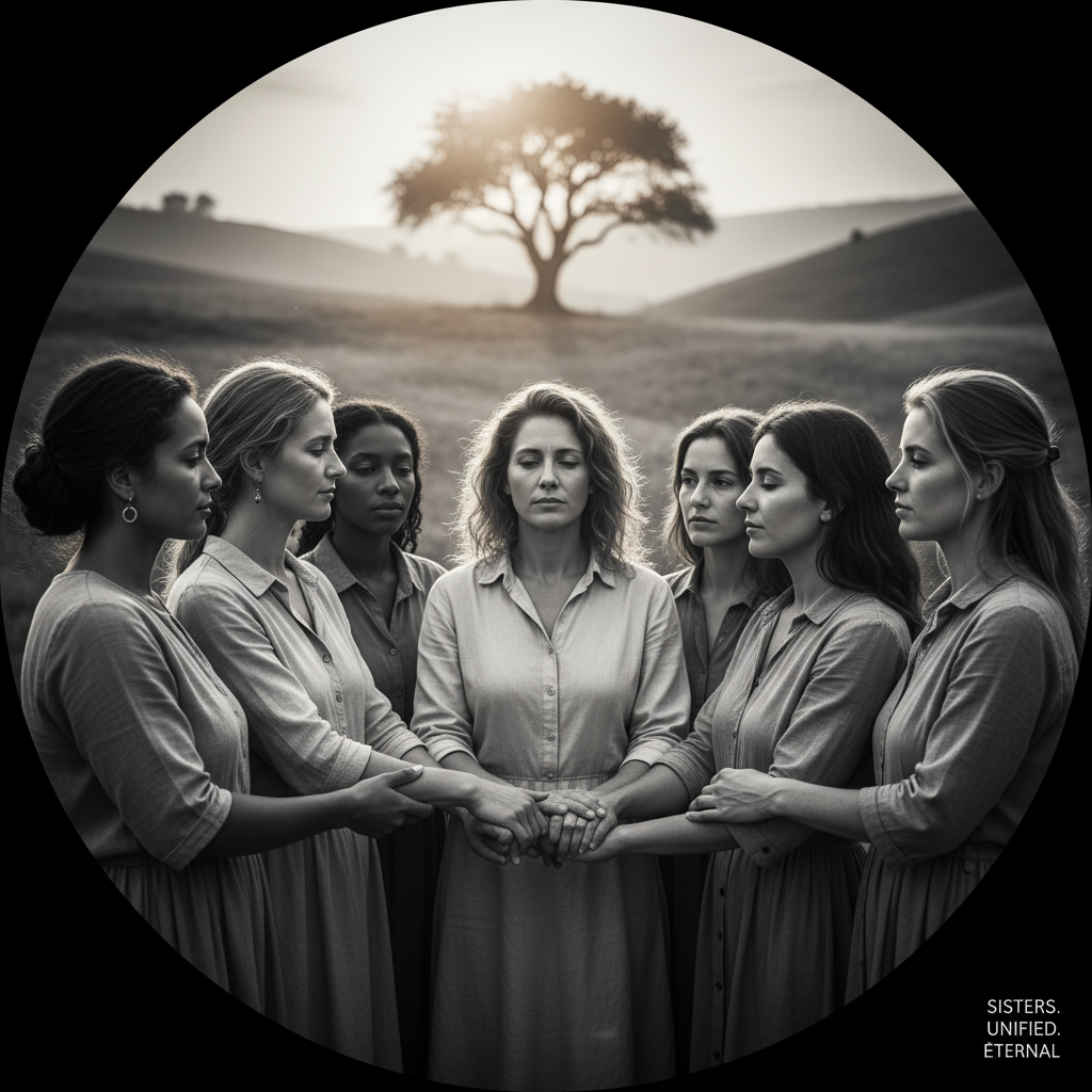 AI Generation Prompt: Meaningful photo of women's small group in prayer circle, hands joined in center, Bibles visible on laps or nearby chairs. Mix of ages and ethnicities, heads bowed or eyes closed, peaceful expressions. Living room or church setting, warm lighting, authentic prayer and worship atmosphere, sense of spiritual community and support, 8k quality, photorealistic, reverent and intimate mood