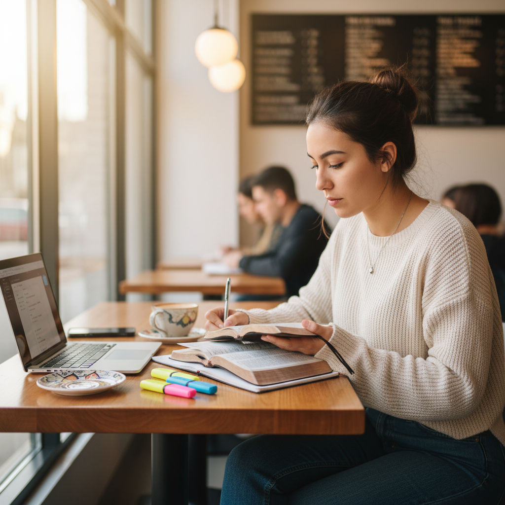 AI Generation Prompt: Inspiring photo of diverse young adult woman in 20s, Hispanic, sitting in modern coffee shop with MacBook and open King James Bible, taking notes in journal, engaged and focused expression, coffee and highlighters on table, natural window light, contemporary casual clothing, comfortable study atmosphere, other people blurred in background, represents young generation discovering KJV, 8k photorealistic quality, authentic millennial Bible study aesthetic, warm approachable feel